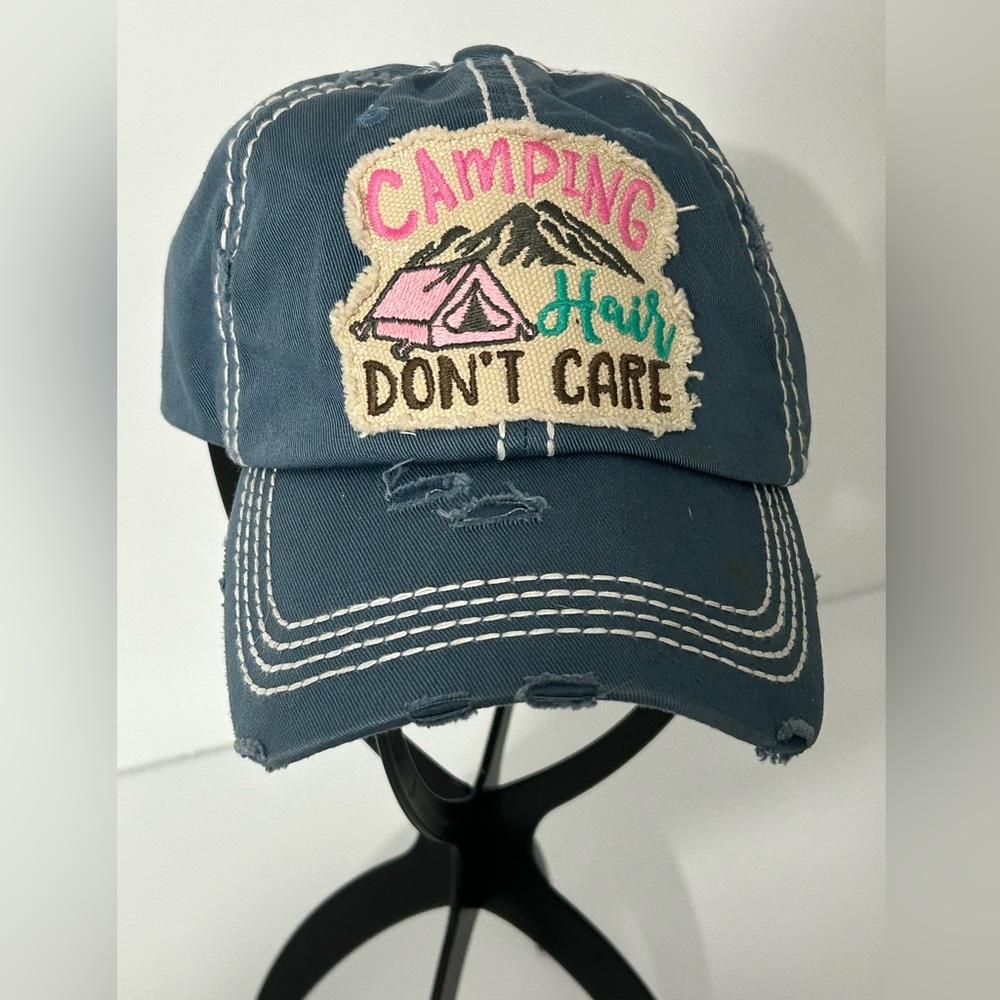 Kbethos vintage cap with adjustable back (camping hair don’t care) on‎ front